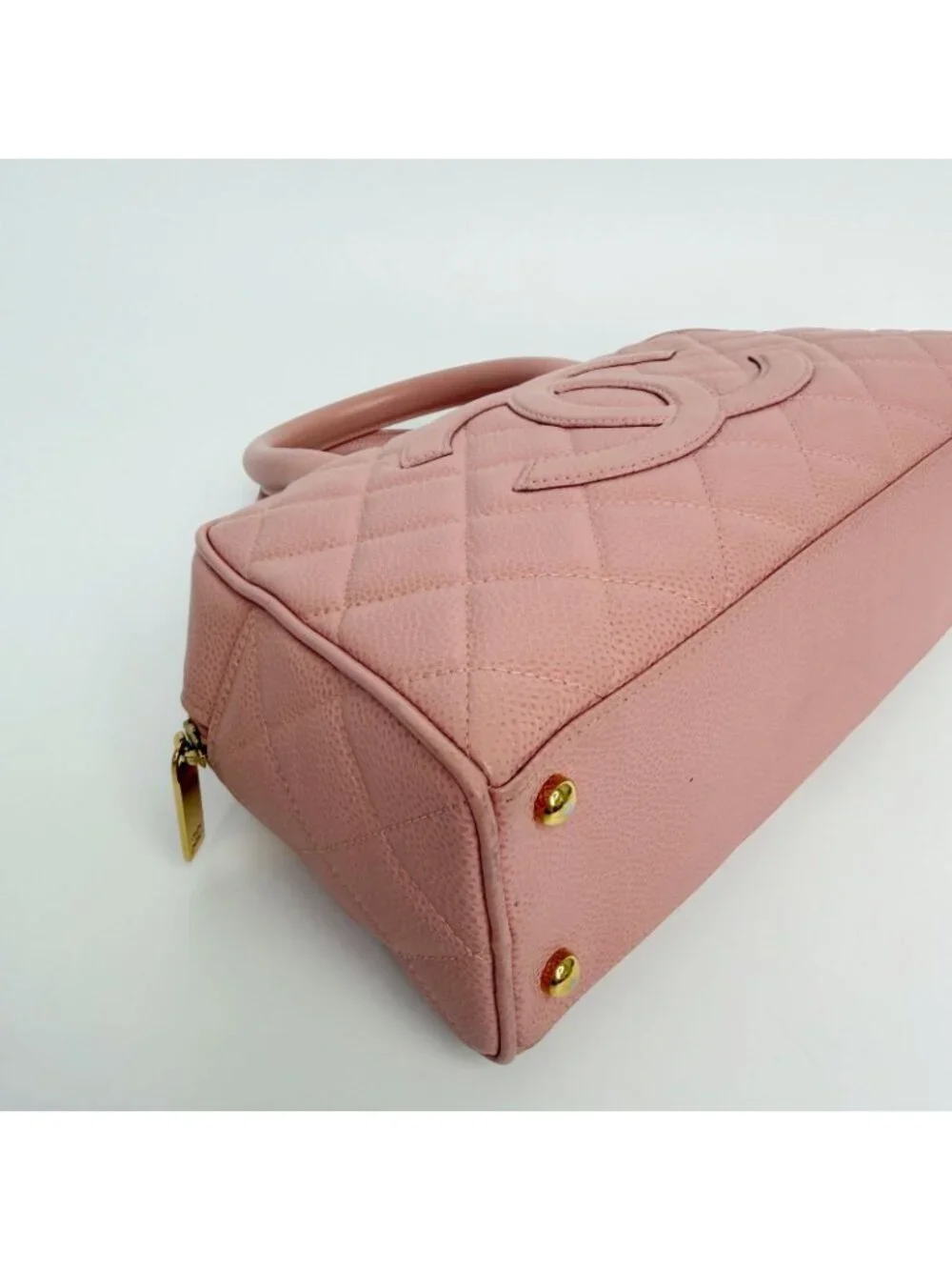 Chanel CC Logo Quilted Mini Boston Bag Caviar Leather Pink Gold Vintage